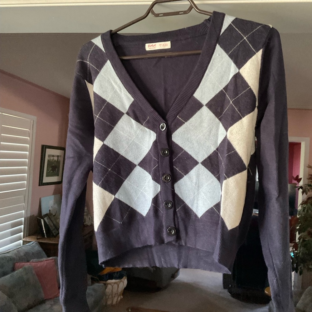 ROMWE Argyle V-Neck Cardigan - Dark Purple and Cream